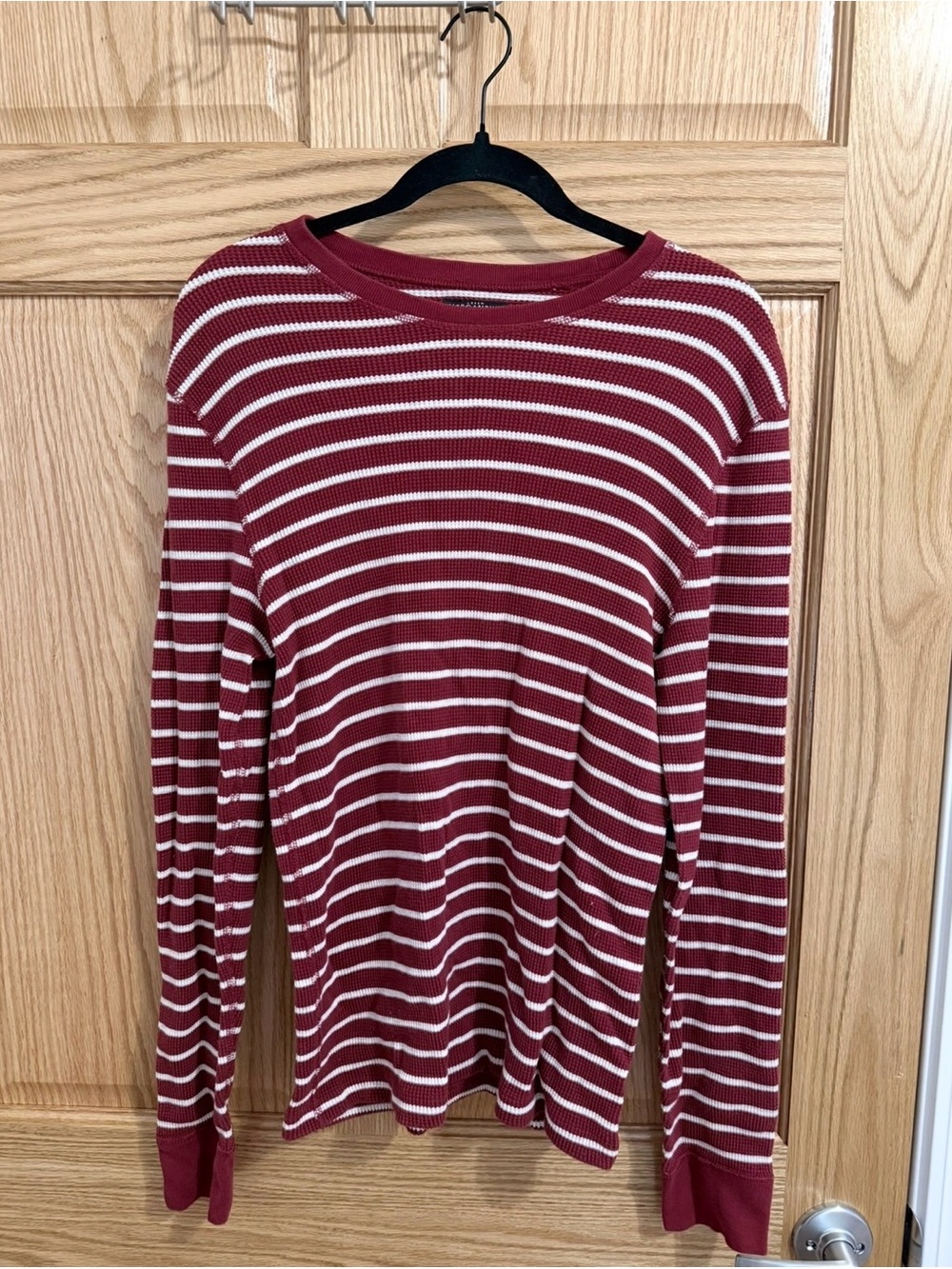 Women's Maroon and White Striped Long-Sleeve Crewneck Tee